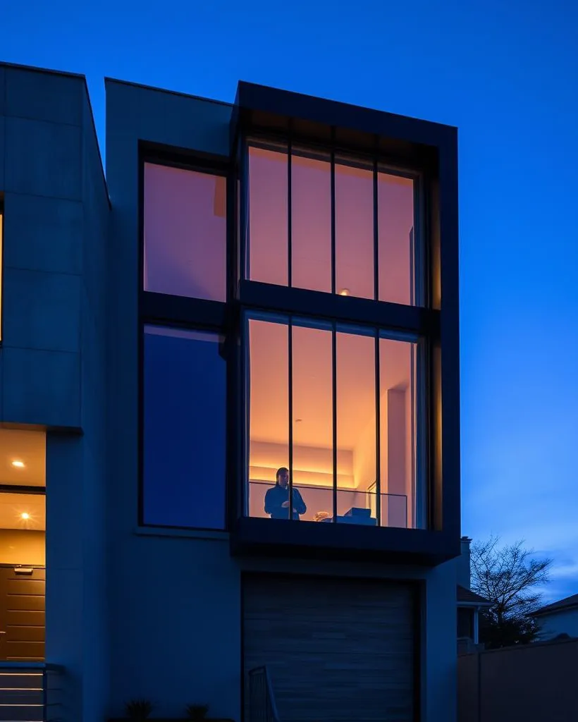 Fachada residencial contemporânea com grandes panos de vidro e perfis de alumínio ao entardecer