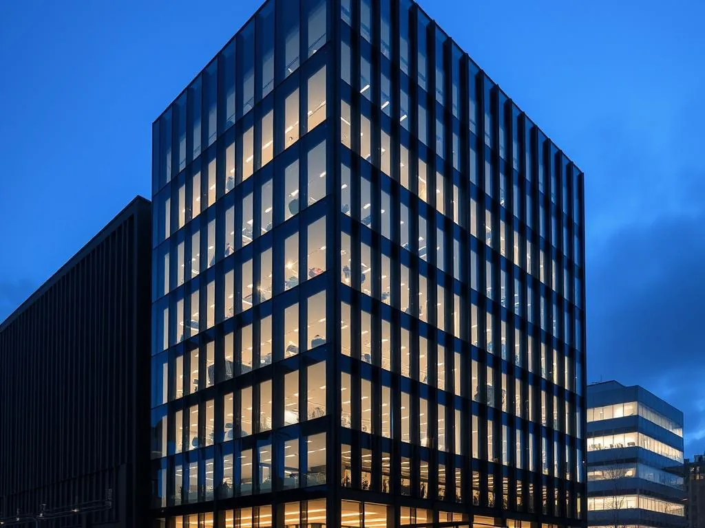Fachada de vidro de edifício comercial iluminada à noite
